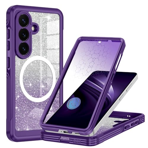 for Samsung Galaxy S26 Case, Built-in Tempered Glass Screen Protector, Full Body Protection & Camera Lens Guard, Fit for MagSafe & Military Grade Shockproof, with Glitter Card, All Purple - color: All Purple, size: Samsung Galaxy S26