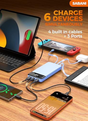 SABANI Portable Charger 35000mAh Power Bank, 4 Built in Cable Big Capacity - color: Azure