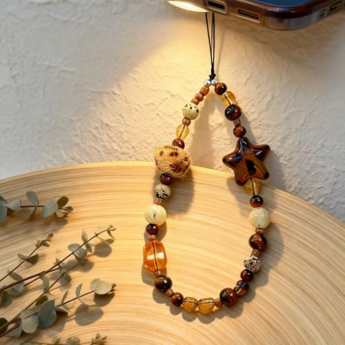 Cute Beaded Camera Wrist Strap for Phone, Digital Camera Charm Lanyard, Pearl Beaded Chain for Bag Keychain Gift - color: Leopard Star