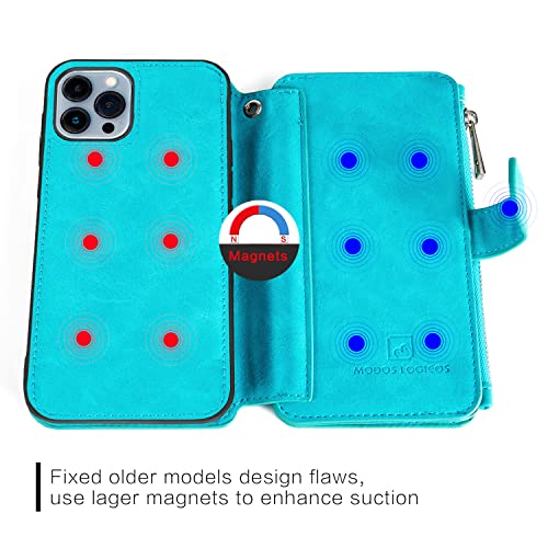 MODOS LOGICOS Case Compatible with iPhone 15 Pro Max 6.7", [Detachable Wallet Folio][Zipper Cash Storage][14 Card Slots 1 Id Window] PU Leather Purse with Removable Inner Magnetic TPU Case - Teal - color: Teal, size: iPhone 15 Pro Max