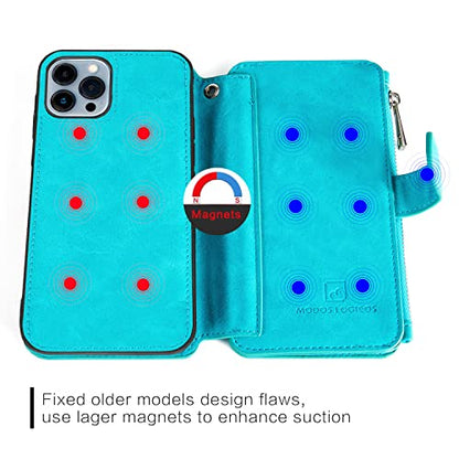 MODOS LOGICOS Case Compatible with iPhone 15 Pro Max 6.7", [Detachable Wallet Folio][Zipper Cash Storage][14 Card Slots 1 Id Window] PU Leather Purse with Removable Inner Magnetic TPU Case - Teal - color: Teal, size: iPhone 15 Pro Max