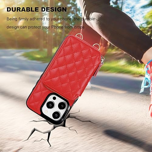 Bocasal Crossbody Wallet Case Card Holder for iPhone 15 Pro, Red | RFID Blocking PU Leather Zipper Handbag Purse, Kickstand Flip Folio Case with Card Slots Holder Wrist Strap Lanyard 6.1 Inch - color: Red