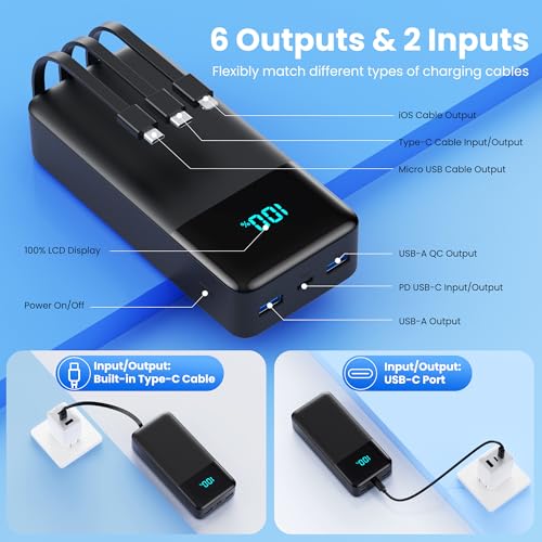 Portable Charger 50800mAh Power Bank with 3 Built in Cables,25W PD QC4.0 Fast Charging USB C Battery Pack,6 Outputs 2 Inputs Travel Essentials Portable Phone Charger for iPhone 18/17/16/15/Pro,Android - color: Black