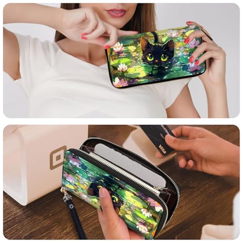 Ladies Wallet,Clutch Purses for Women Wallets Leather Credit Card Holder for Women Wristlet Slim Small Cute with Zipper,Thin RFID Blocking with Wrist Strap,Cute Cat Lotus - color: Cute Cat Lotus