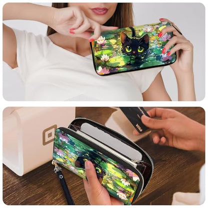 Ladies Wallet,Clutch Purses for Women Wallets Leather Credit Card Holder for Women Wristlet Slim Small Cute with Zipper,Thin RFID Blocking with Wrist Strap,Cute Cat Lotus - color: Cute Cat Lotus