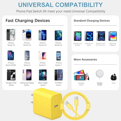 10FT iPhone 17 16 15 Charger Fast Charging USB C Charger Block - color: Yellow, size: 10FT