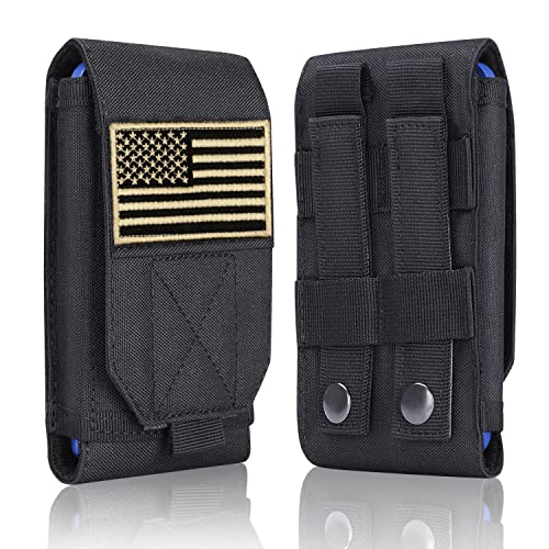Black Tactical Molle Cellphone Pouch Case,Heavy Duty Waterproof Phone Holster Bag for iPhone 11 12 13 Pro Max for Samsung S22 S21 S20 FE Note 20 A02S Less 6.7" Phone with 2 Pack US Flag Patch - color: Black & 2 Gold Patches