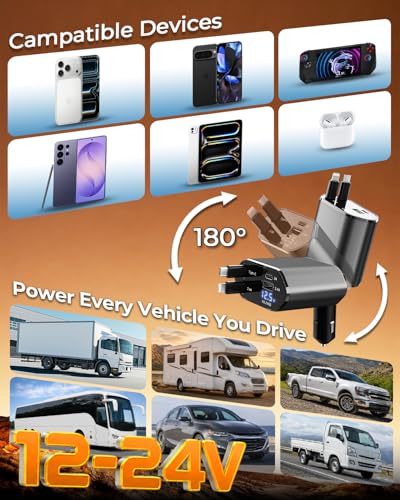 4 in 1 Retractable Car Charger, USB C Fast Charging Adapter, Gray - color: Gray
