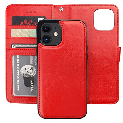 Bocasal Detachable Wallet Case Card Holder for iPhone 12/12 Pro, Red | Kickstand Card Slots Holder PU Leather Magnetic Shockproof Wrist Strap Removable Flip Protective Cover 6.1 inch - color: Red