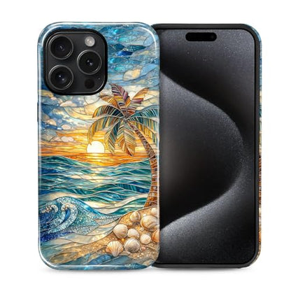 Case for iPhone 15 Pro, Dual Layer Phone Cover, Stained Glass Beach Palm - color: Stained Glass Beach Palm, size: Iphone 15 Pro