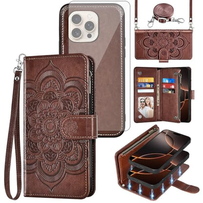 Asuwish Phone Case for iPhone 16 Pro 6.3 inch Zipper Wallet Detachable Cell Cover with Tempered Glass Screen Protector Crossbody Lanyard Strap Flower Card Holder i Phone16 i16 16Pro Women Girls Brown - color: Brown