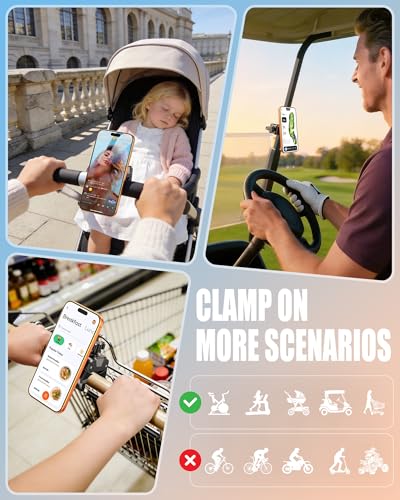 Magnetic Gym Stroller Phone Holder with Clamp, 16 x N55 Strong Magnet Phone Mount, 360° Rotating & 60° Tilt for Treadmill/Exercise Bike/Golf Cart/Shopping Cart, Fit for iPhone 12-17