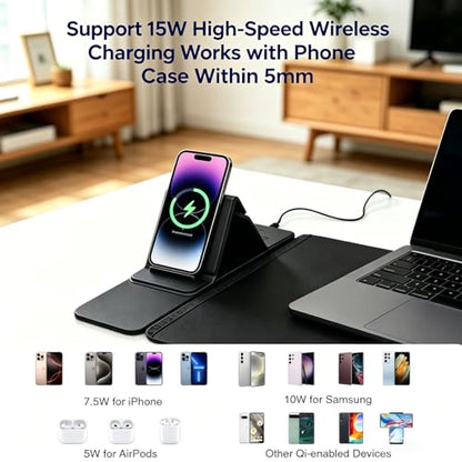 15W Wireless Charging Mouse Pad 31.5"x15.75", Double-Sided Faux Leather - color: Folding-Black