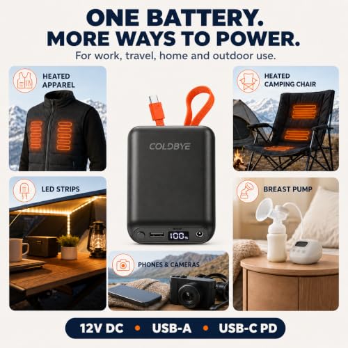 ColdBye 𝟐𝟎𝟎𝟎𝟎𝐦𝐀𝐡 Upgraded Rechargeable Power Bank with Built-in USB-C Cable for Heated Vests, Jackets, LED Strip, Breast Pump, Heated Camping Chair