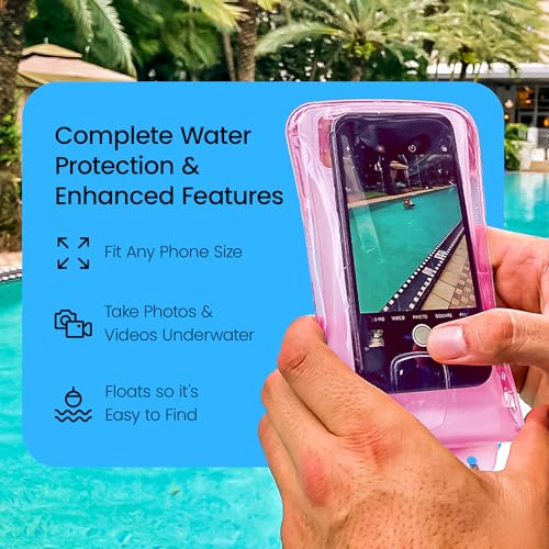 AquaVault Floating Waterproof Phone Pouch Case Universal for iPhone Android | Pink. Floats and keeps phones and cash dry. Heavy-duty PVC, drop protection, adjustable neck strap. Fits any phone size. - color: Pink