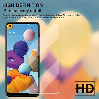 YEBF Galaxy A21 HD Clear Tempered Glass Screen Protector + Camera Lens Protectors by YEYEBF,[2+2 Pack] [3D Glass] [Anti-Glare] [Bubble-Free] Screen Protector Glass for Samsung Galaxy A21 - size: Galaxy A21