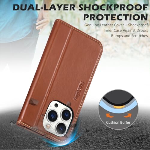 SHIELDON Genuine Leather Case Wallet for iPhone 14 Pro 6.1", Retro Brown | Folio Magnetic Closure, RFID Blocking, Credit Card Holder, Kickstand, Shock Absorbing Protective Cover - color: Brown - Retro