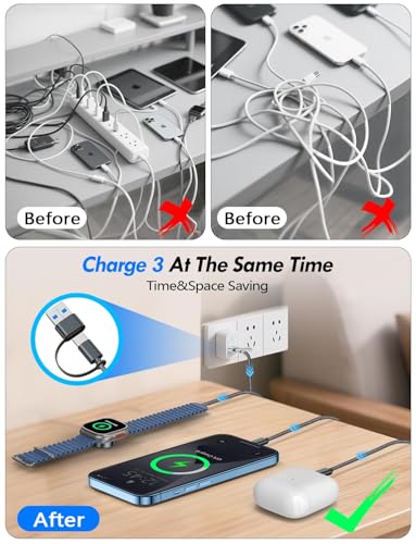 1Pack Travel Essentials for Apple Watch Charger,3-in-2 Multi Charging Cable - color: Black, size: 1Pack-5 FT