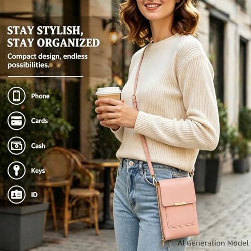 Women's Touch Screen Mobile Phone Messenger Bag,Anti-Theft Mobile Leather Bag,Leather Waterproof Crossbody Wallet Purse - color: Dark Pink