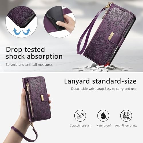 for iPhone 17 Pro Max Phone Case Wallet, Purple | Built-in Card Holder (8-10 Cards), Zipper Pocket, Wrist Strap, Stand Kickstand, Flower PU Leather Protective Phone Case Women - color: Purple, size: iPhone 17 Pro Max