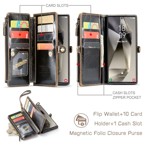 Defencase for Samsung Galaxy S24 Ultra Wallet Case with Card Holder, Coffee | Durable PU Leather, with RFID Blocking Zipper Pocket, Wrist Strap, S24 Ultra Flip Phone Cases Cover with Stand for Women Men - color: Coffee