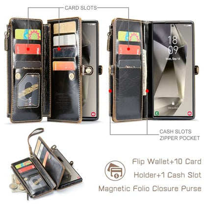 Defencase for Samsung Galaxy S24 Ultra Wallet Case with Card Holder, Coffee | Durable PU Leather, with RFID Blocking Zipper Pocket, Wrist Strap, S24 Ultra Flip Phone Cases Cover with Stand for Women Men - color: Coffee