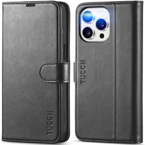 TUCCH Wallet Case for iPhone 15 Pro Max (6.7") 2023, 4 Card Holders, Black | RFID Blocking, Viewing Stand, Shockproof TPU Shell, PU Leather, Magnetic Closure, Protective Folio Flip Cover - color: Black