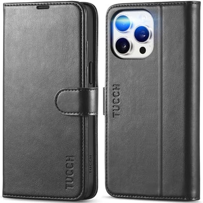TUCCH Wallet Case for iPhone 15 Pro Max (6.7") 2023, 4 Card Holders, Black | RFID Blocking, Viewing Stand, Shockproof TPU Shell, PU Leather, Magnetic Closure, Protective Folio Flip Cover - color: Black