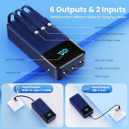 Portable Charger 50800mAh Power Bank with 3 Built in Cables,25W PD QC4.0 Fast Charging USB C Battery Pack,6 Outputs 2 Inputs Travel Essentials Phone Charger for iPhone 18/17/16/15/Pro,Android,Blue - color: Blue