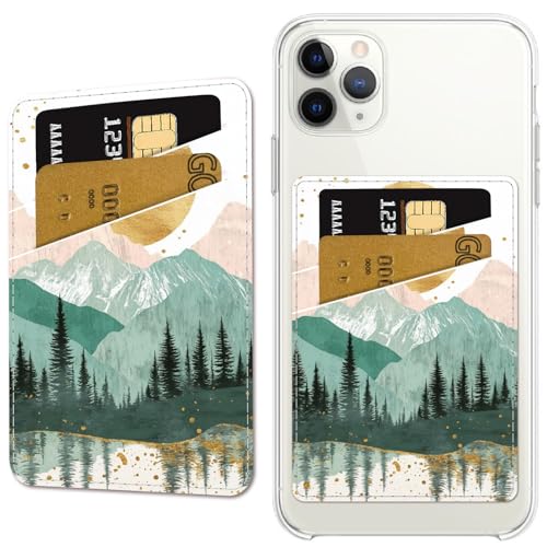 CREATCABIN Mountain Phone Card Holder Leather Cell Phone Wallet Stick on Adhesive Credit Card Holder Slim Double Pocket Sticker for Back of Phone Case Compatible with Most Phones 3.7 x 2.5 Inch - style: Mountain