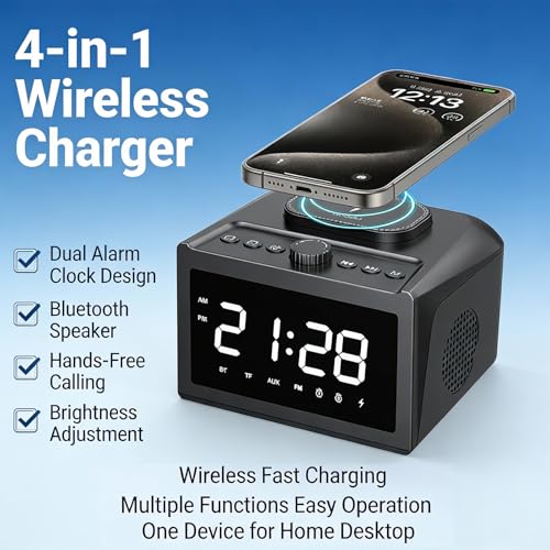 Multifunctional Wireless Charger, Wireless Charging Station with Time and Alarm Clock, Charging Dock with Bluetooth Speaker, 15W Wireless Fast Charging, All-in-One Charging Base,S31 Black. - color: Multifunctional Alarm Clock S31 Black