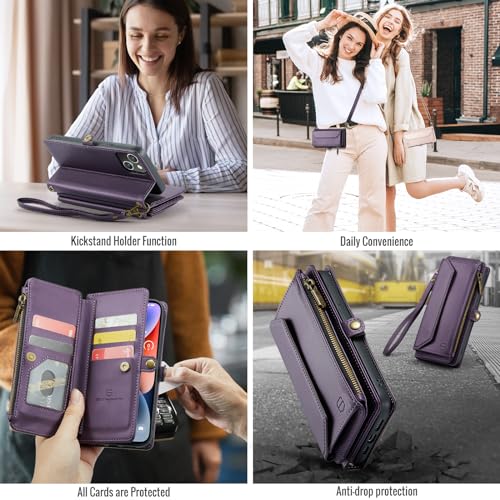 Strapurs Wallet Case Compatible with iPhone 14 RFID Blocking 7-Card Holder Soft PU Leather Magnetic Snap Shoulder Strap Zipper Pocket Phone Case Fit for iPhone 14 for Women 6.1" - Purple | RFID Blocking 7-Card Holder, Shoulder Lanyard, Wirst Strap, Zipper