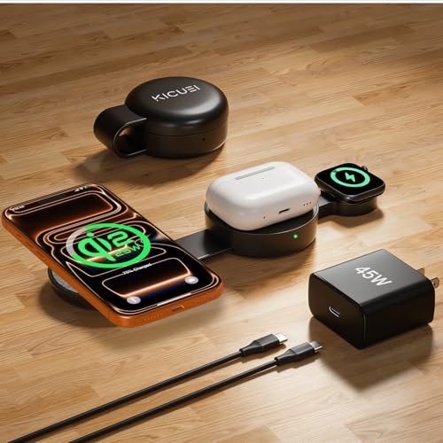 Qi2.2 Certified 25W 3 in 1 Wireless Charging Station for Apple, Foldable Mini MagSafe Travel Charger Pad for iPhone 17-12 Series, Apple Watch & AirPods, Magnetic Charging Dock with 45W Adapter - color: Black