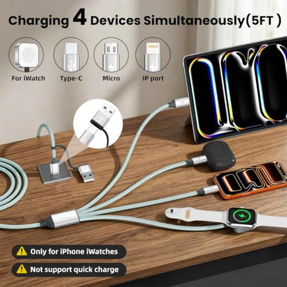 Travel Essentials for iPhone Watch Charger, 4-in-2 Multi Charging Cable 5F - color: Tender Green, size: 1PCS&5FT