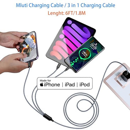 Multi Charging Cable 2Pack 6FT 3 in 1 Long Apple MFi Certified Cable - color: Grey/Silver, size: 6ft