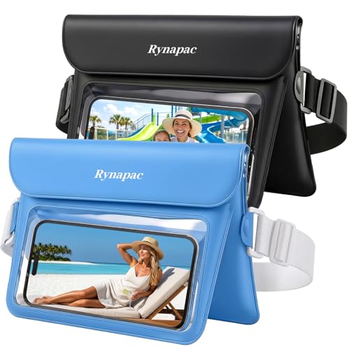 2 Pack Waterproof Fanny Pack, IPX8 Double Space Phone Pouch Dry Bag | Touch Screen, Waterproof Bags for Phone Passport Wallet Purse Women Men, Beach Cruise Swimming Kayaking Essentials - color: Black+Blue
