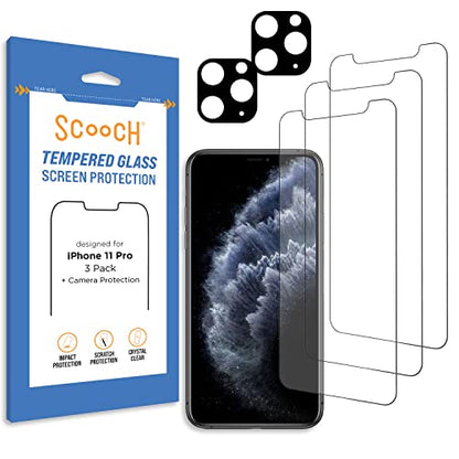 Scooch® Tempered Glass Multipack for iPhone 11 Pro, 3 Screen Protectors and 2 Camera Lens Protectors, Premium 9H Tempered Glass, Anti-Scratch, Anti-Fingerprint, Impact Resistant - size: iPhone 11 Pro