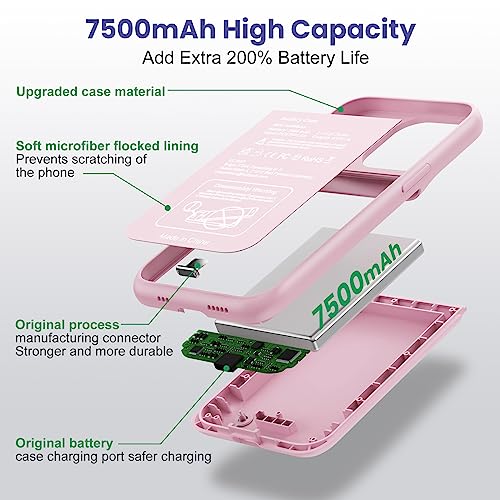 Battery Case for iPhone 13/13Pro/14,7500mah Ultra-Slim Protective Charging Case, Portable Rechargeable Expandable Battery Charger Cover Compatible with iPhone 13/13Pro/14 (6.1 Inch)-Pink - color: Pink