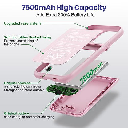 Battery Case for iPhone 13/13Pro/14,7500mah Ultra-Slim Protective Charging Case, Portable Rechargeable Expandable Battery Charger Cover Compatible with iPhone 13/13Pro/14 (6.1 Inch)-Pink - color: Pink