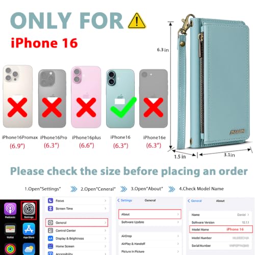 for iPhone 16 Wallet Case, Detachable Magnetic Shockproof Phone Case,Faux Leather Crossbody Wallet,with RFID Blocking，Zipper Card Holder，Shoulder Strap (Blue) - color: Blue, size: iPhone 16
