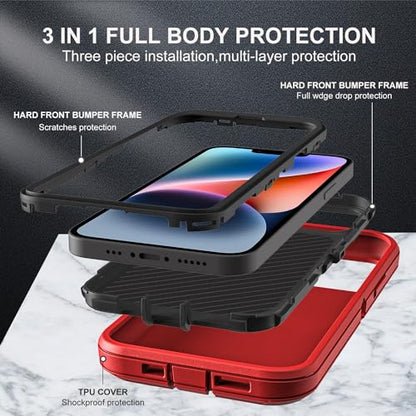YKHJKLEC for iPhone 13/iPhone 14, Military Grade 3 in 1 Heavy Duty Shockproof/Drop Proof/Dust Proof Case with 2Pcs Tempered Glass Screen Protector (Red/Black) - color: Red/Black