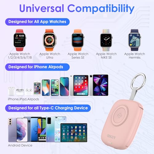 Small Portable Charger 5000mAh,iWatch Wireless Charger Mini Power Bank with Built-in Cable,Travel Keychain Charger for Apple Watch 11/10/9/8/Ultra/7/6/Se/5/4,iPhone 17/16/15/14/13/12,Android Phone - color: Pink