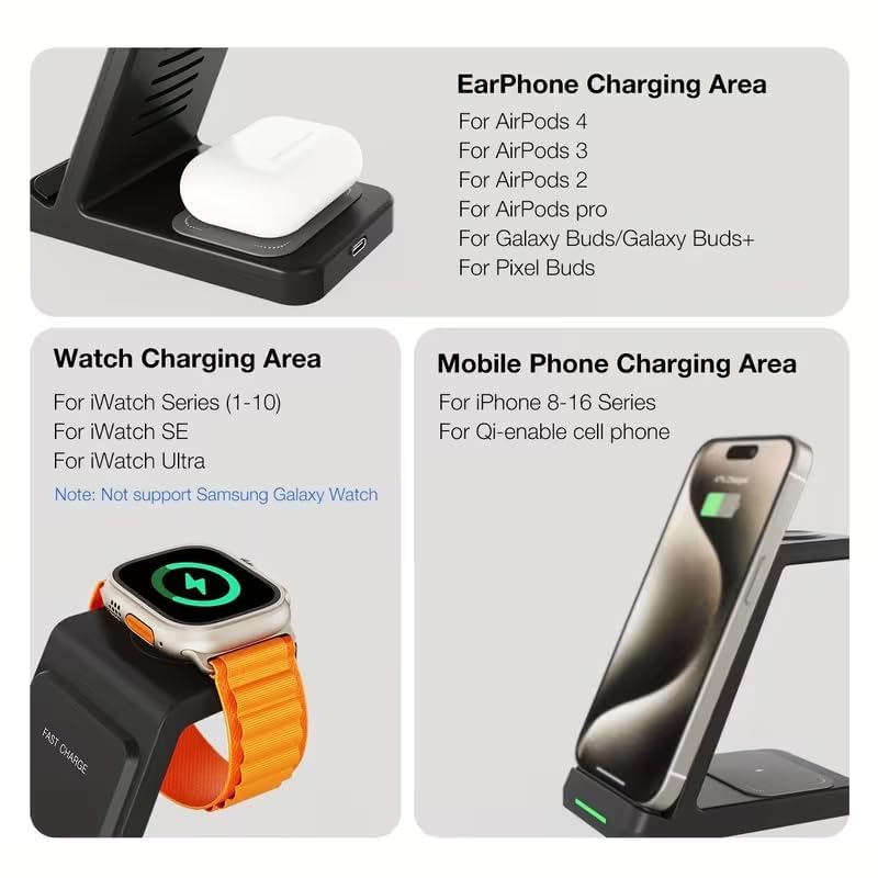 Fast Wireless Charging Station, Transform Your Workspace with Our 3-in-1 Wireless Charger & Stylish Charging Stand with Phone Holder for Home and Office,Black