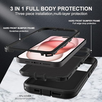 YKHJKLEC for iPhone 15 Case, Compatible with Magsafe, Military Grade 3 in 1 Heavy Duty Shockproof/Drop Proof/Dust Proof Case with 2Pcs Tempered Glass Screen Protector (New-Black/Black) - color: New-Black/Black