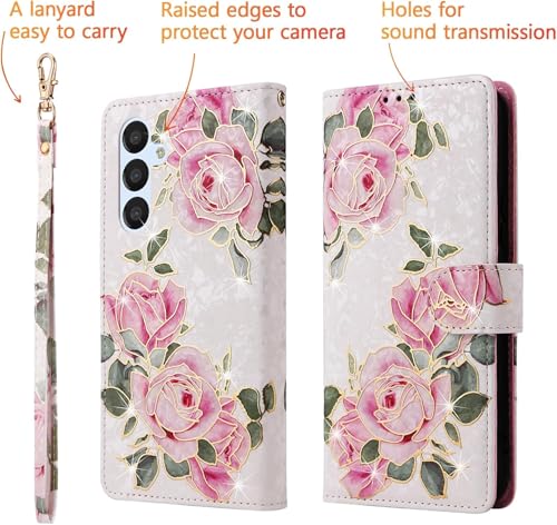 UEEBAI Wallet Case for Samsung Galaxy A56 5G, PU Leather Phone Cover Kickstand RFID Blocking Flip Case Card Slots Wrist Strap Relief Engraved Pattern Magnetic Closure Folio Cover - White Rose - color: White Rose, size: Samsung Galaxy A56 5G