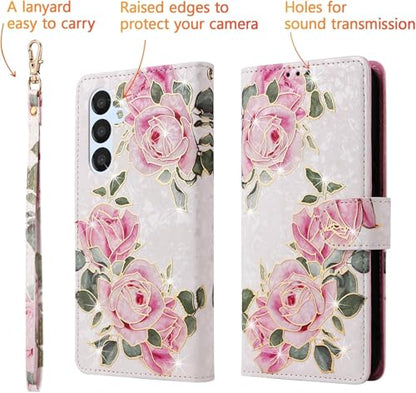 UEEBAI Wallet Case for Samsung Galaxy A56 5G, PU Leather Phone Cover Kickstand RFID Blocking Flip Case Card Slots Wrist Strap Relief Engraved Pattern Magnetic Closure Folio Cover - White Rose - color: White Rose, size: Samsung Galaxy A56 5G
