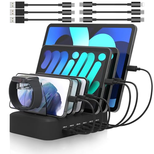MSTJRY 90W 6-Port USB C Fast Charging Station for Multiple Devices, Multi PD Charger Station for iPhone iPad Tablet Phone, Charging Dock Organizer with Adjustable Dividers for Home Office Classroom