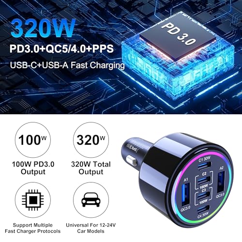 320W USB C Car Charger, 6 Ports Type C Car Charger