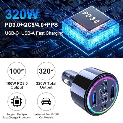 320W USB C Car Charger, 6 Ports Type C Car Charger