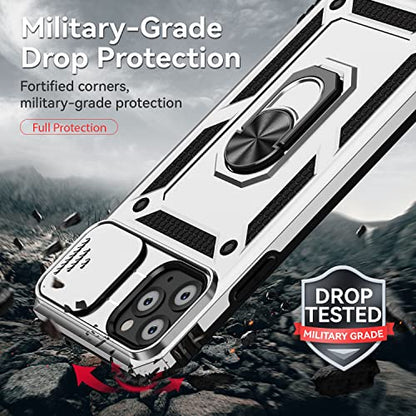 for iPhone 11 Pro Case with Camera Lens Cover HD Screen Protector, Dual Layer Military Grade Drop Protection Magnetic Ring Holder Kickstand Protective Phone Case for iPhone 11 Pro 5.8 inch (Silver) - color: Silver with camera cover Military-Grade 2nd gen